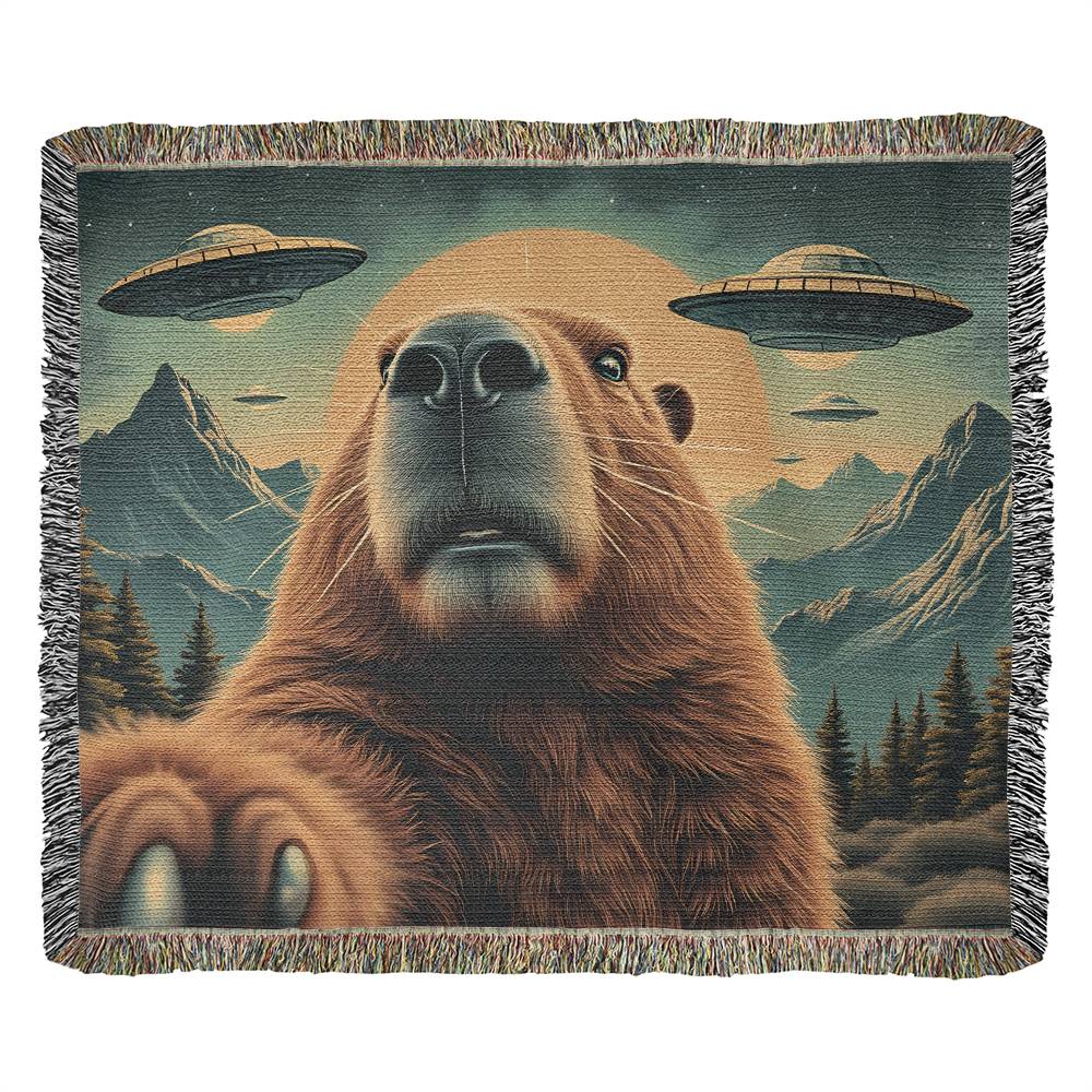 Funny Graphic Capybara Selfie with UFOs Weird Blanket 100 Percent Cotton Throw Blanket 100% Cotton 50x60"