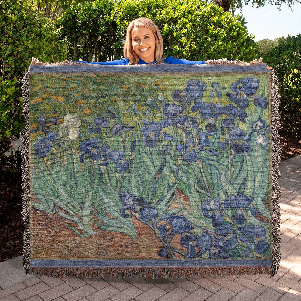 Vincent Van Gogh Irises 100 Percent Cotton Throw Blanket Woven Made in USA 50x60” Famous Painting Artwork Blanket