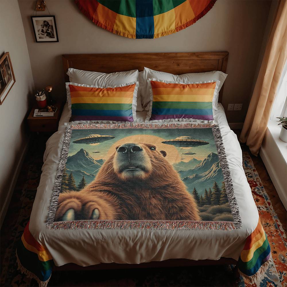 Funny Graphic Capybara Selfie with UFOs Weird Blanket 100 Percent Cotton Throw Blanket 100% Cotton 50x60"