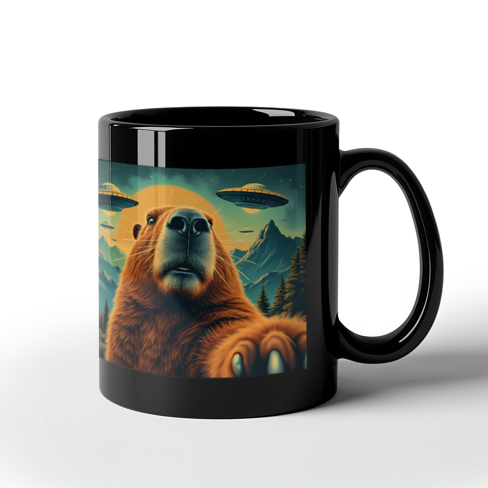 Funny Graphic Capybara Selfie with UFOs Weird Coffee Mug (11 oz)