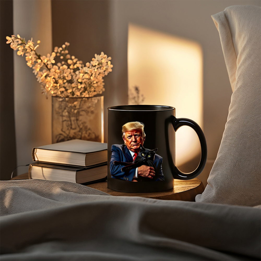 Donald Trump Holding Black Cat Coffee Mug (11 oz) They're Eating the Cats Meme Funny Trump 2024 Mugs