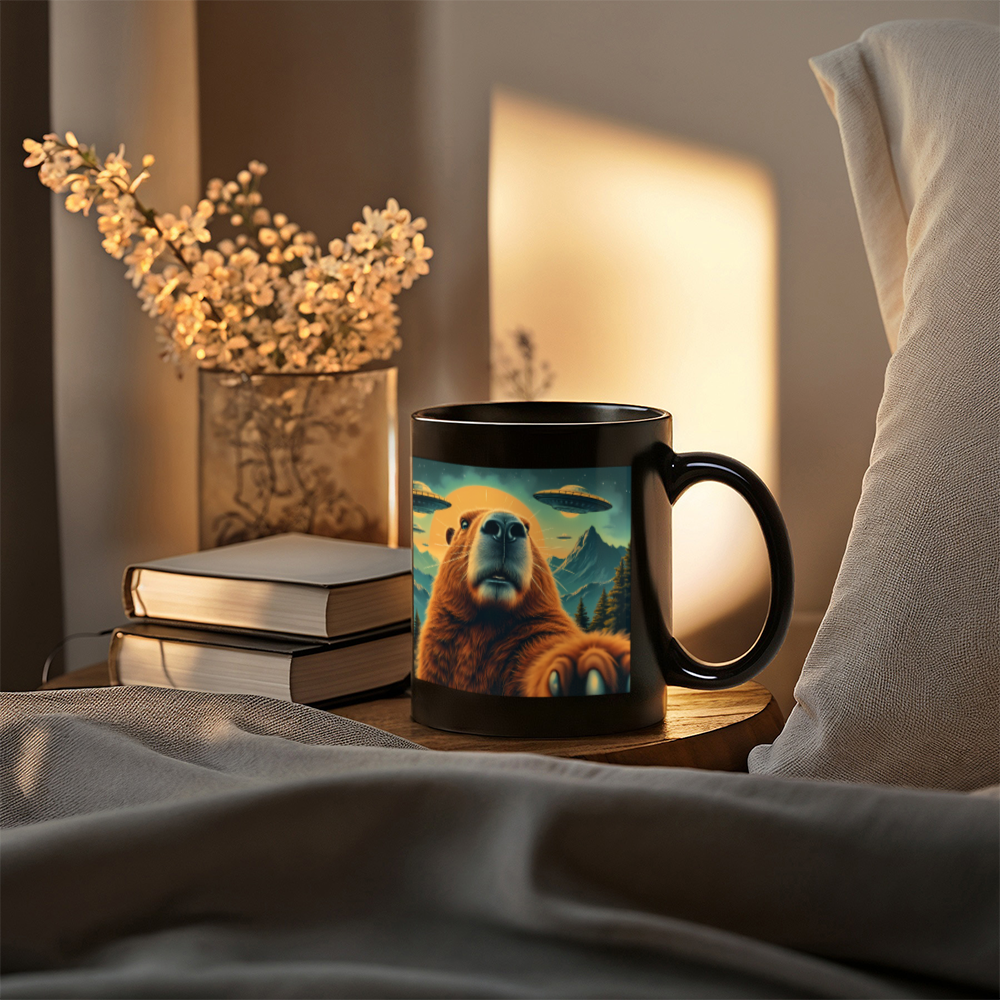 Funny Graphic Capybara Selfie with UFOs Weird Coffee Mug (11 oz)