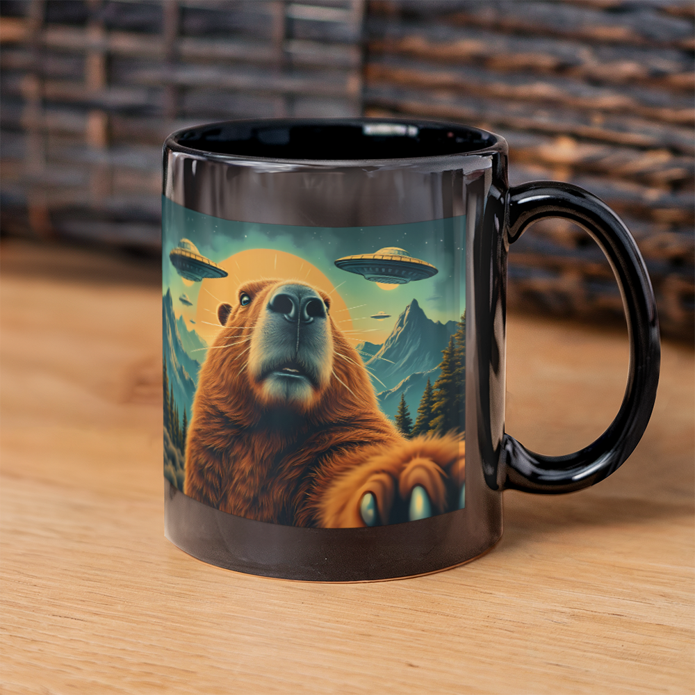 Funny Graphic Capybara Selfie with UFOs Weird Coffee Mug (11 oz)