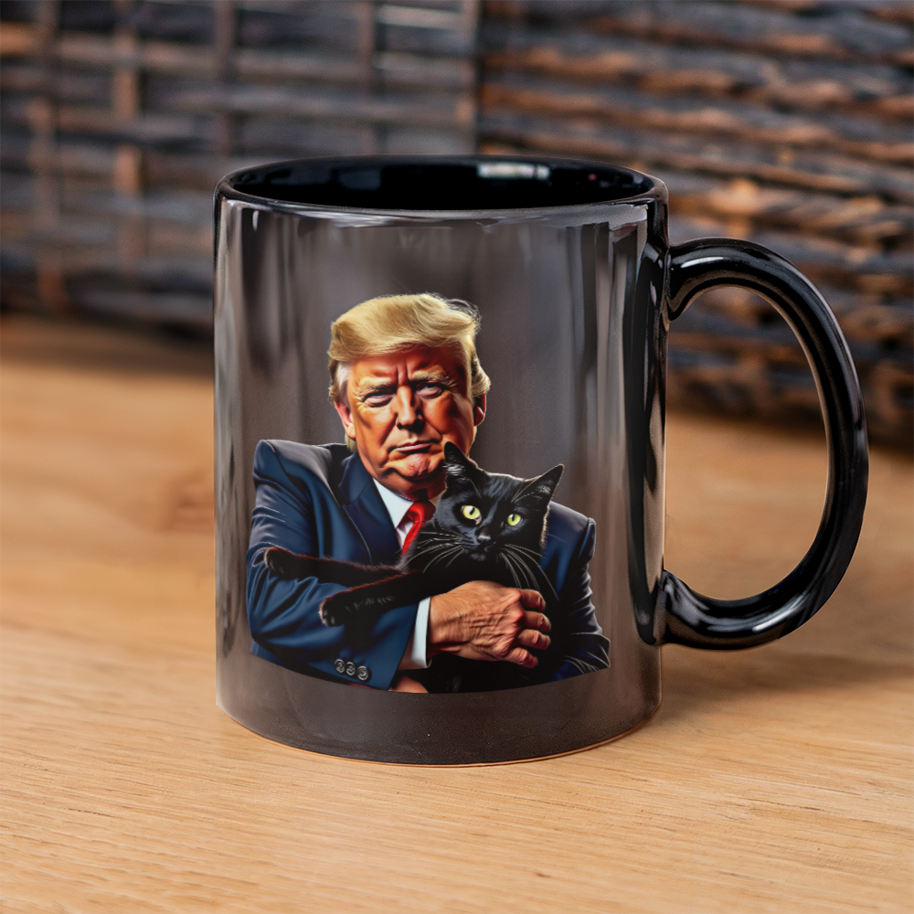 Donald Trump Holding Black Cat Coffee Mug (11 oz) They're Eating the Cats Meme Funny Trump 2024 Mugs