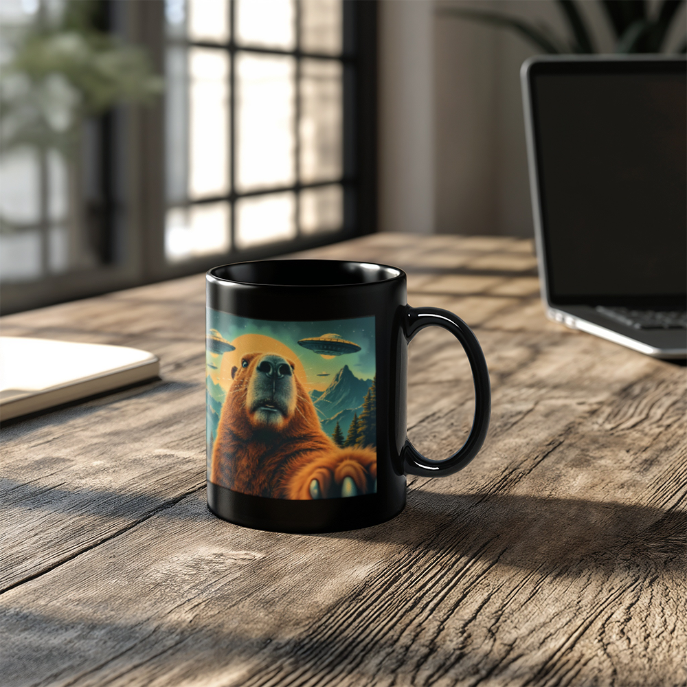 Funny Graphic Capybara Selfie with UFOs Weird Coffee Mug (11 oz)