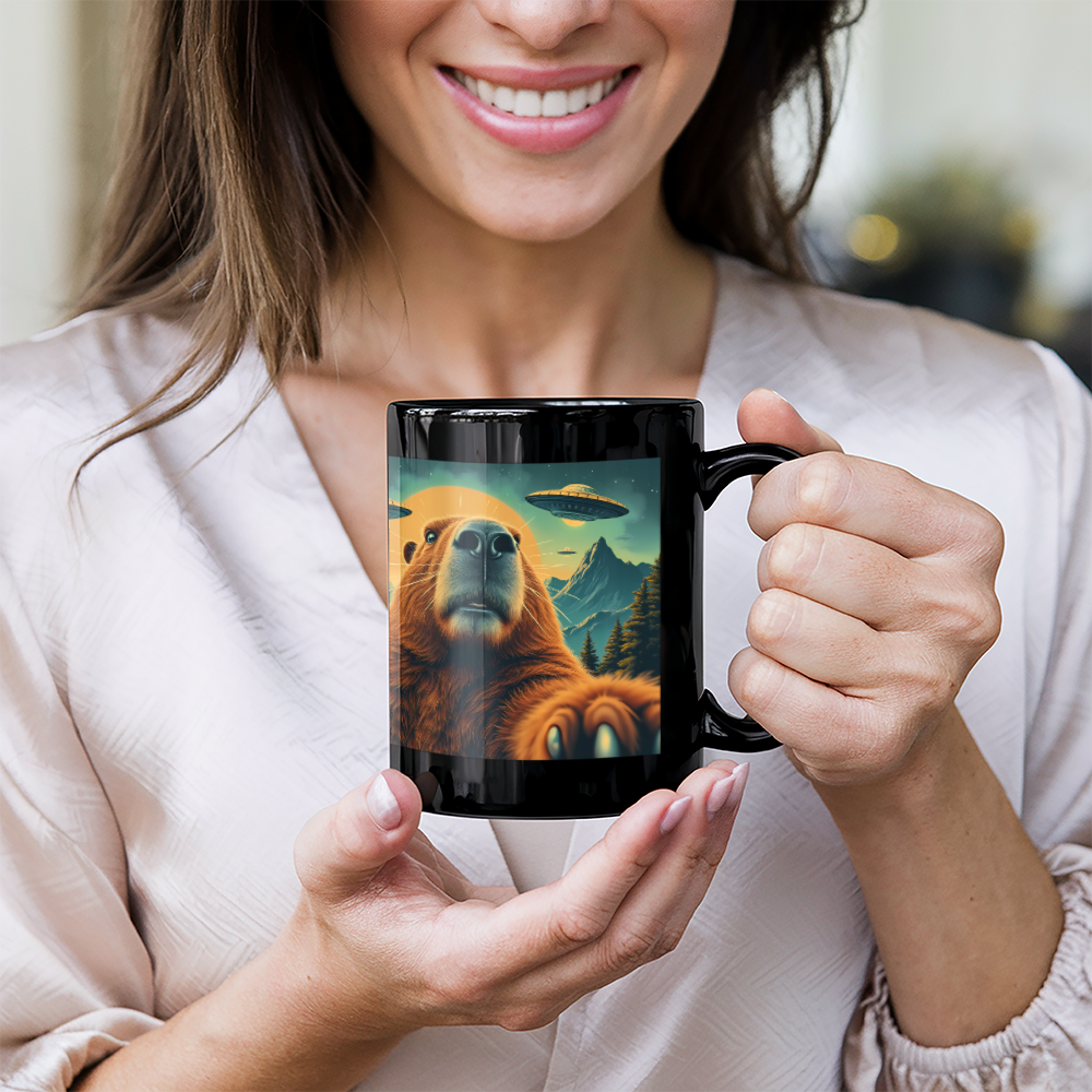 Funny Graphic Capybara Selfie with UFOs Weird Coffee Mug (11 oz)