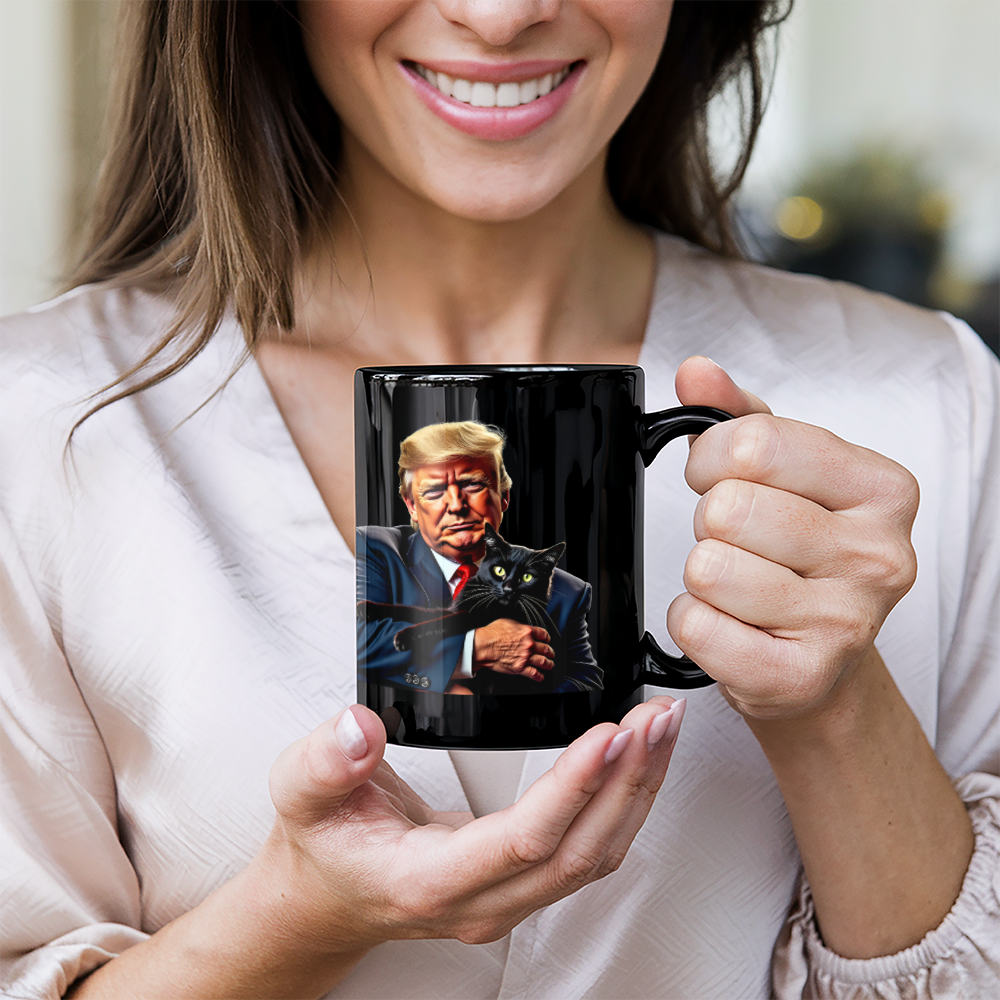 Donald Trump Holding Black Cat Coffee Mug (11 oz) They're Eating the Cats Meme Funny Trump 2024 Mugs