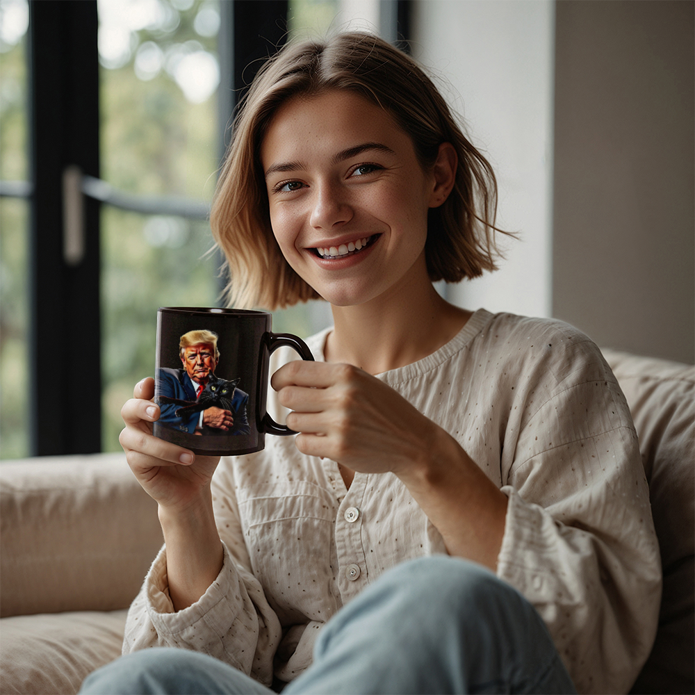 Donald Trump Holding Black Cat Coffee Mug (11 oz) They're Eating the Cats Meme Funny Trump 2024 Mugs