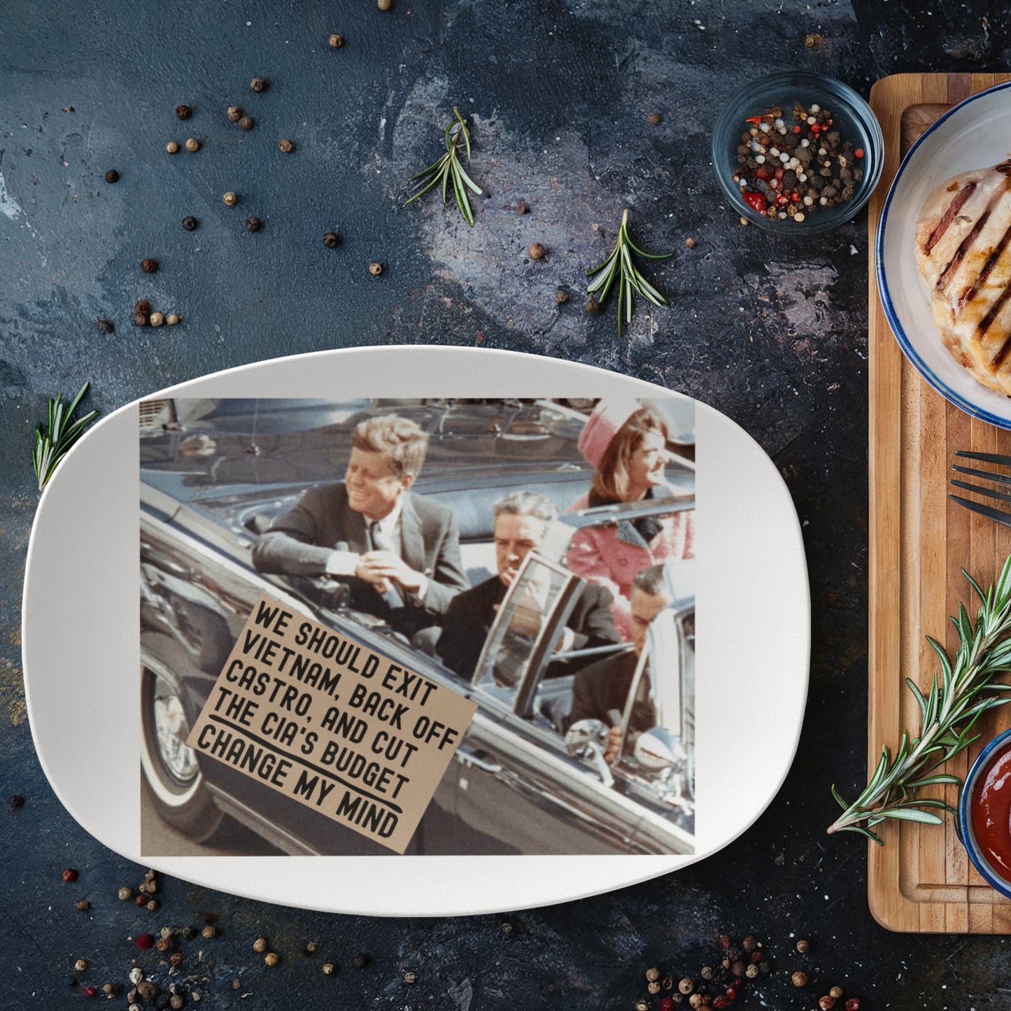 JFK Assassination Change My Mind Meme 10x14" Serving Platter Funny Political Unique Gift