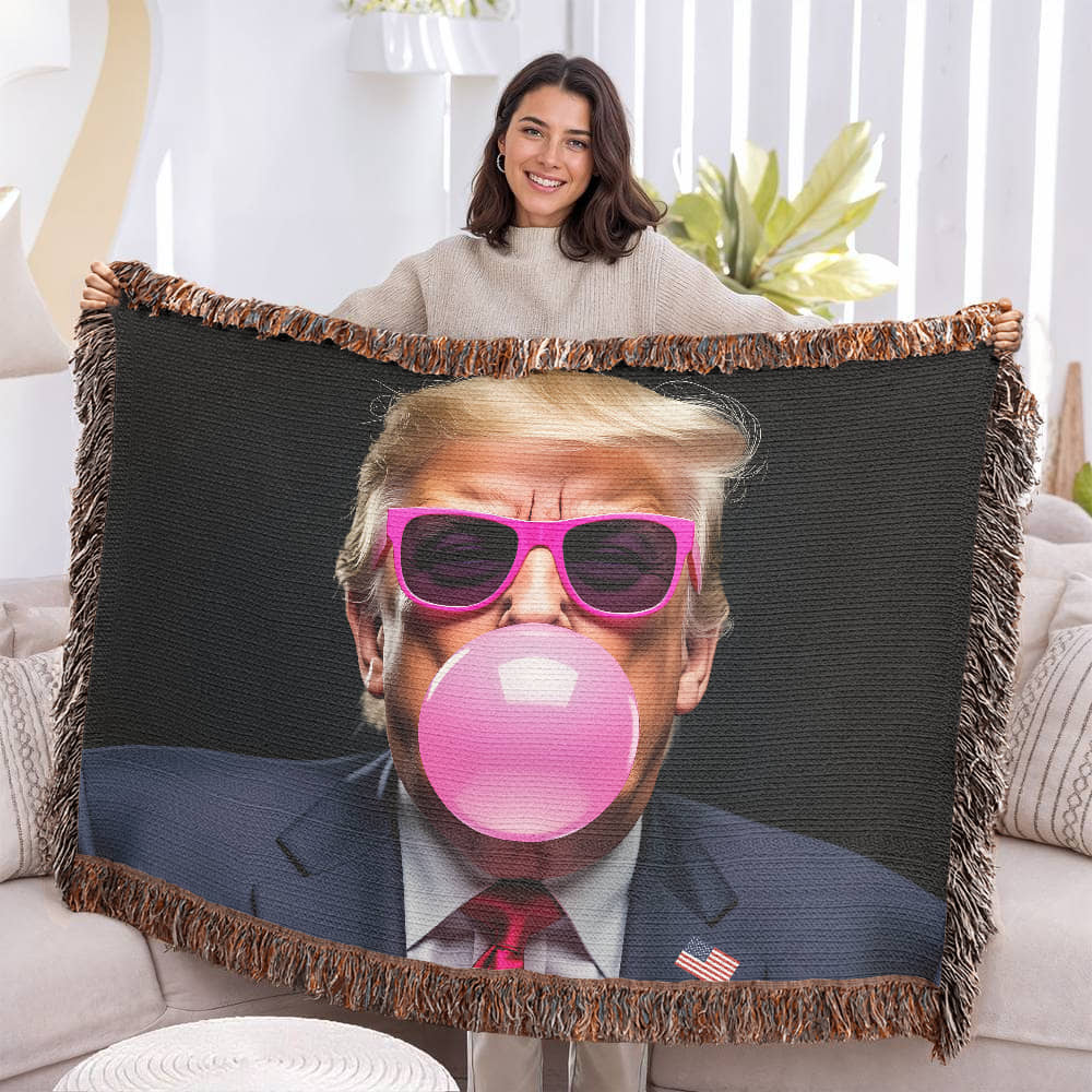 Donald Trump Blowing Bubble Gum Blanket 100% Cotton Throw Funny MAGA Meme Pink Sunglasses Graphic