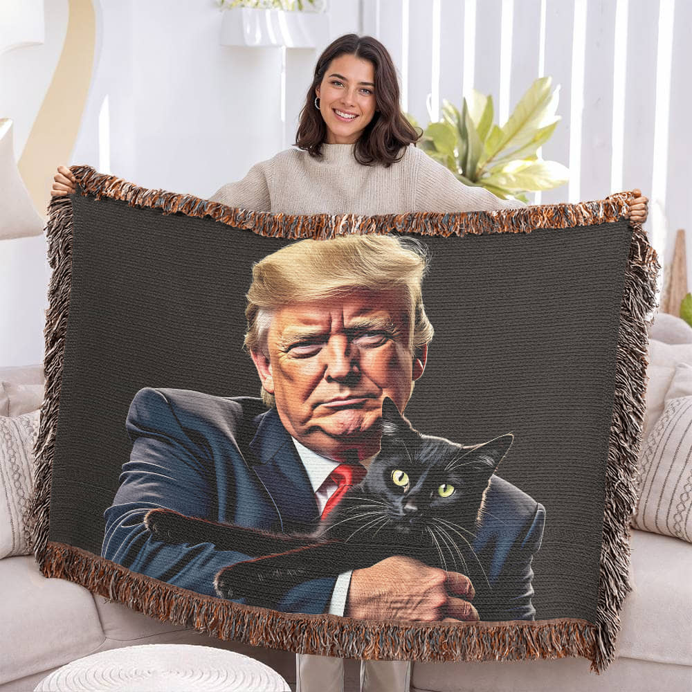 Donald Trump Holding Black Cat Blanket 100% Cotton Throw Funny MAGA Meme Gag Gift for Trump Supporter Cat Lover