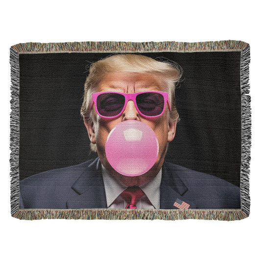 Donald Trump Blowing Bubble Gum Blanket 100% Cotton Throw Funny MAGA Meme Pink Sunglasses Graphic