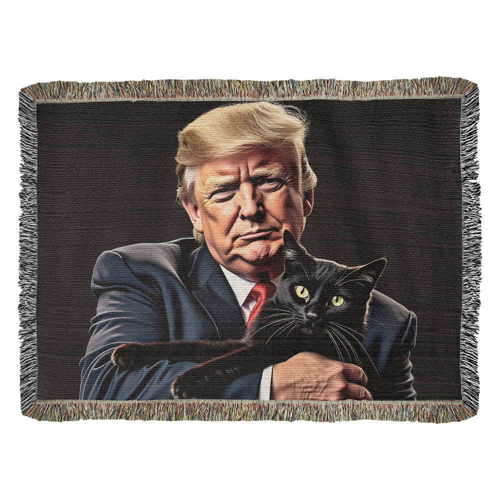 Donald Trump Holding Black Cat Blanket 100% Cotton Throw Funny MAGA Meme Gag Gift for Trump Supporter Cat Lover