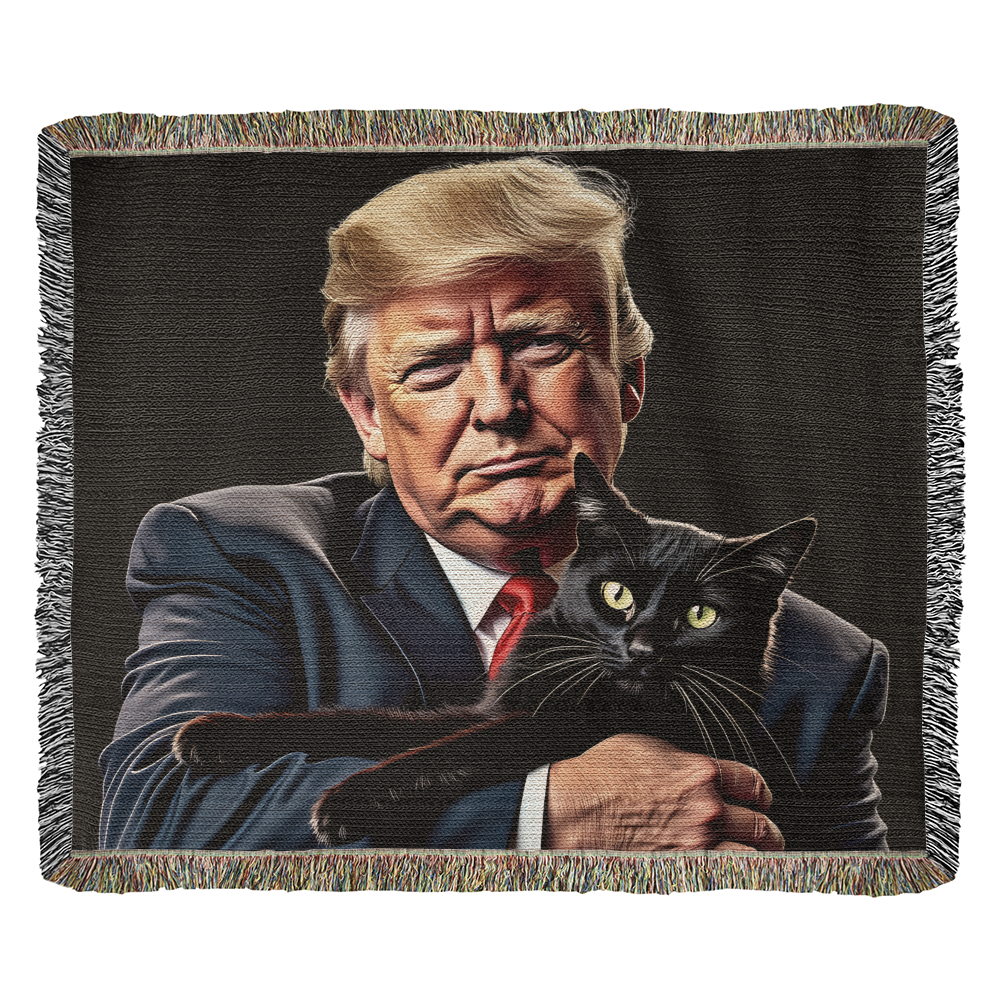 Donald Trump Holding Black Cat Blanket 100% Cotton Throw Funny MAGA Meme Gag Gift for Trump Supporter Cat Lover