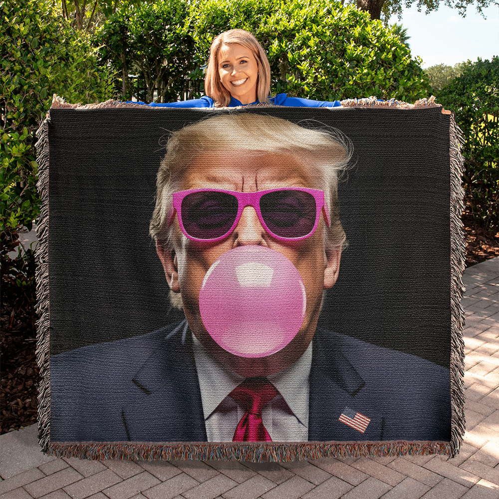 Donald Trump Blowing Bubble Gum Blanket 100% Cotton Throw Funny MAGA Meme Pink Sunglasses Graphic