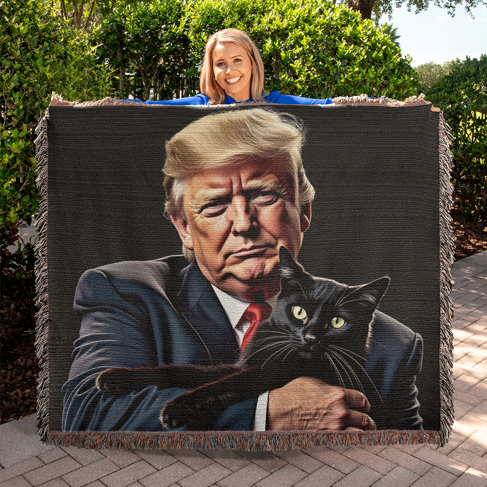 Donald Trump Holding Black Cat Blanket 100% Cotton Throw Funny MAGA Meme Gag Gift for Trump Supporter Cat Lover