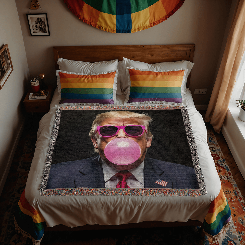 Donald Trump Blowing Bubble Gum Blanket 100% Cotton Throw Funny MAGA Meme Pink Sunglasses Graphic