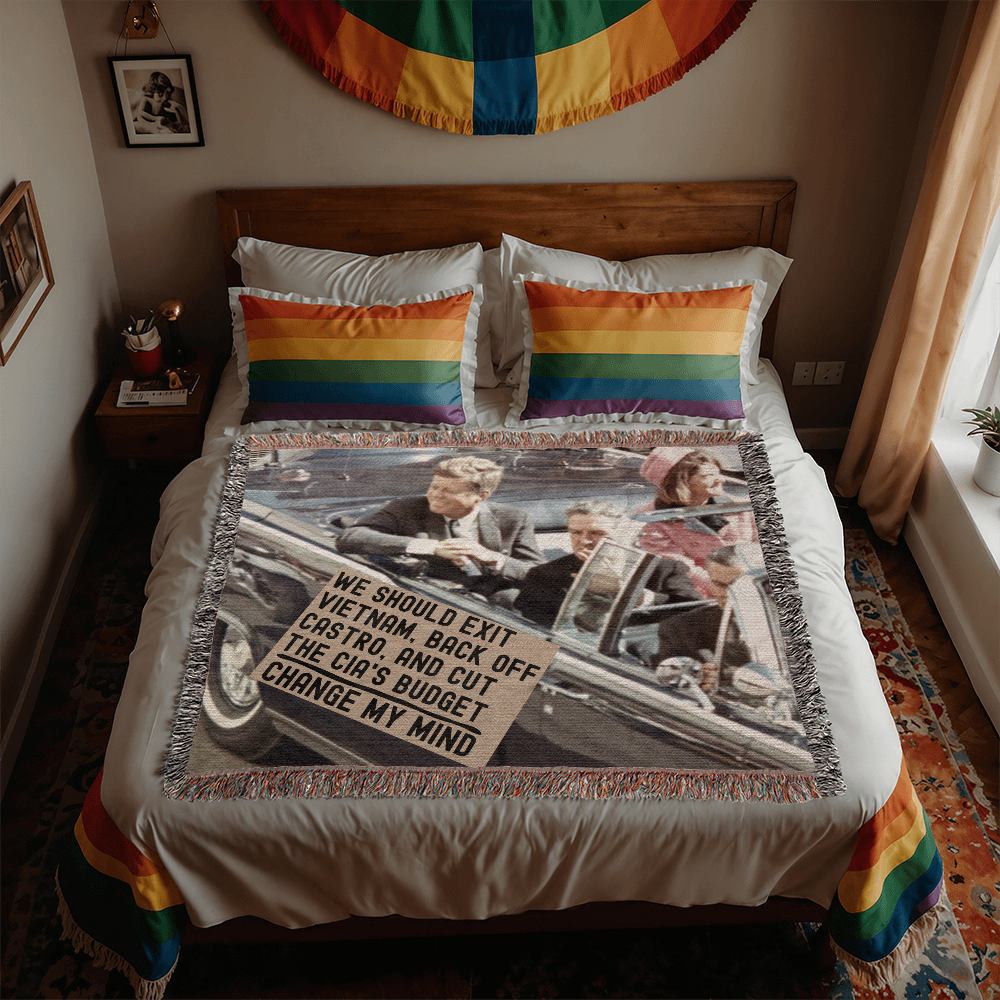 JFK Assassination Meme Blanket 100% Cotton Throw Funny Gift for Conspiracy Theorist We Should Exit Vietnam Back Off Castro and Cut The CIA's Budget Change My Mind