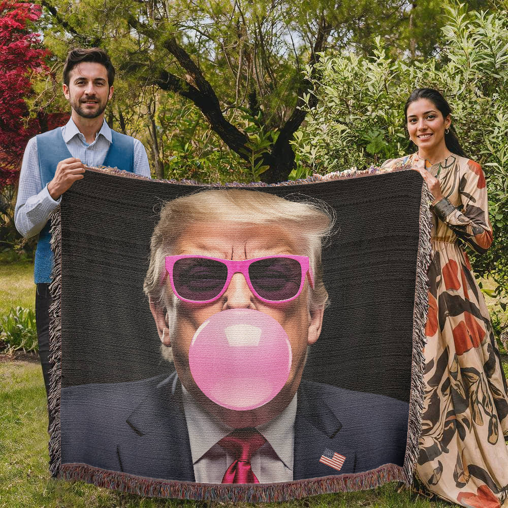 Donald Trump Blowing Bubble Gum Blanket 100% Cotton Throw Funny MAGA Meme Pink Sunglasses Graphic