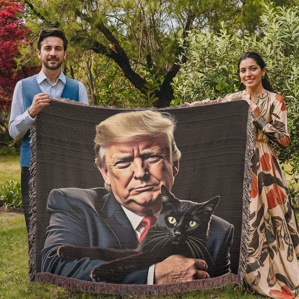 Donald Trump Holding Black Cat Blanket 100% Cotton Throw Funny MAGA Meme Gag Gift for Trump Supporter Cat Lover