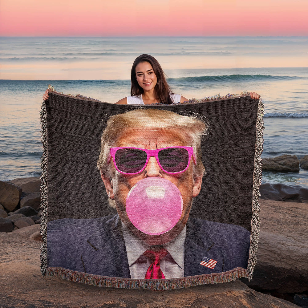 Donald Trump Blowing Bubble Gum Blanket 100% Cotton Throw Funny MAGA Meme Pink Sunglasses Graphic