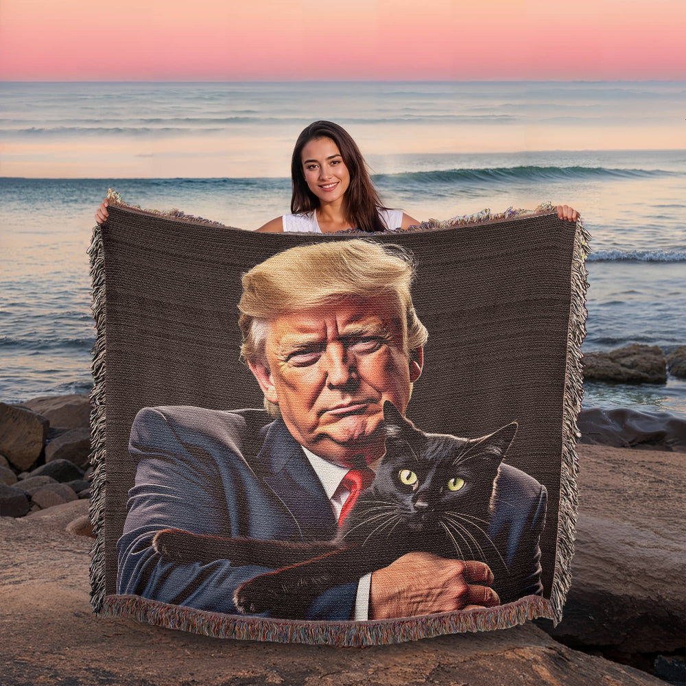 Donald Trump Holding Black Cat Blanket 100% Cotton Throw Funny MAGA Meme Gag Gift for Trump Supporter Cat Lover