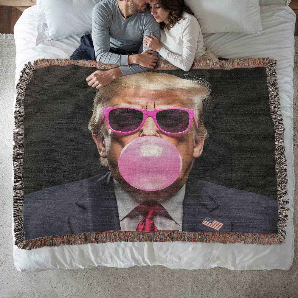 Donald Trump Blowing Bubble Gum Blanket 100% Cotton Throw Funny MAGA Meme Pink Sunglasses Graphic