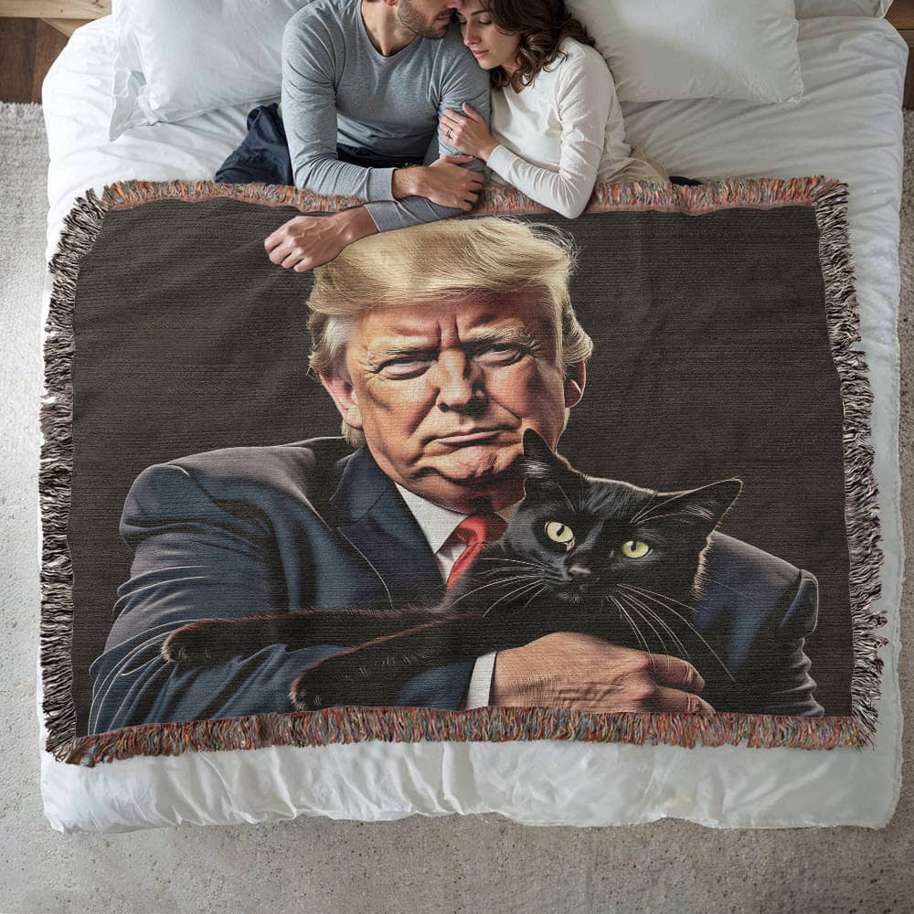 Donald Trump Holding Black Cat Blanket 100% Cotton Throw Funny MAGA Meme Gag Gift for Trump Supporter Cat Lover