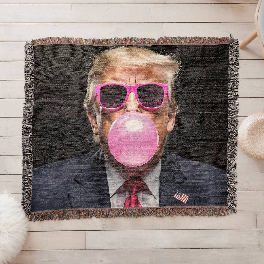 Donald Trump Blowing Bubble Gum Blanket 100% Cotton Throw Funny MAGA Meme Pink Sunglasses Graphic