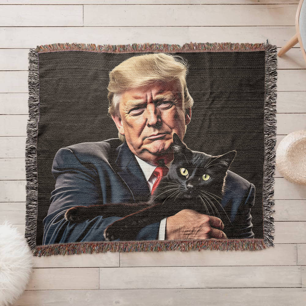 Donald Trump Holding Black Cat Blanket 100% Cotton Throw Funny MAGA Meme Gag Gift for Trump Supporter Cat Lover