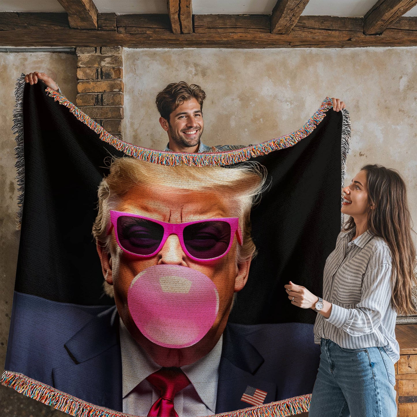 Donald Trump Blowing Bubble Gum Blanket 100% Cotton Throw Funny MAGA Meme Pink Sunglasses Graphic