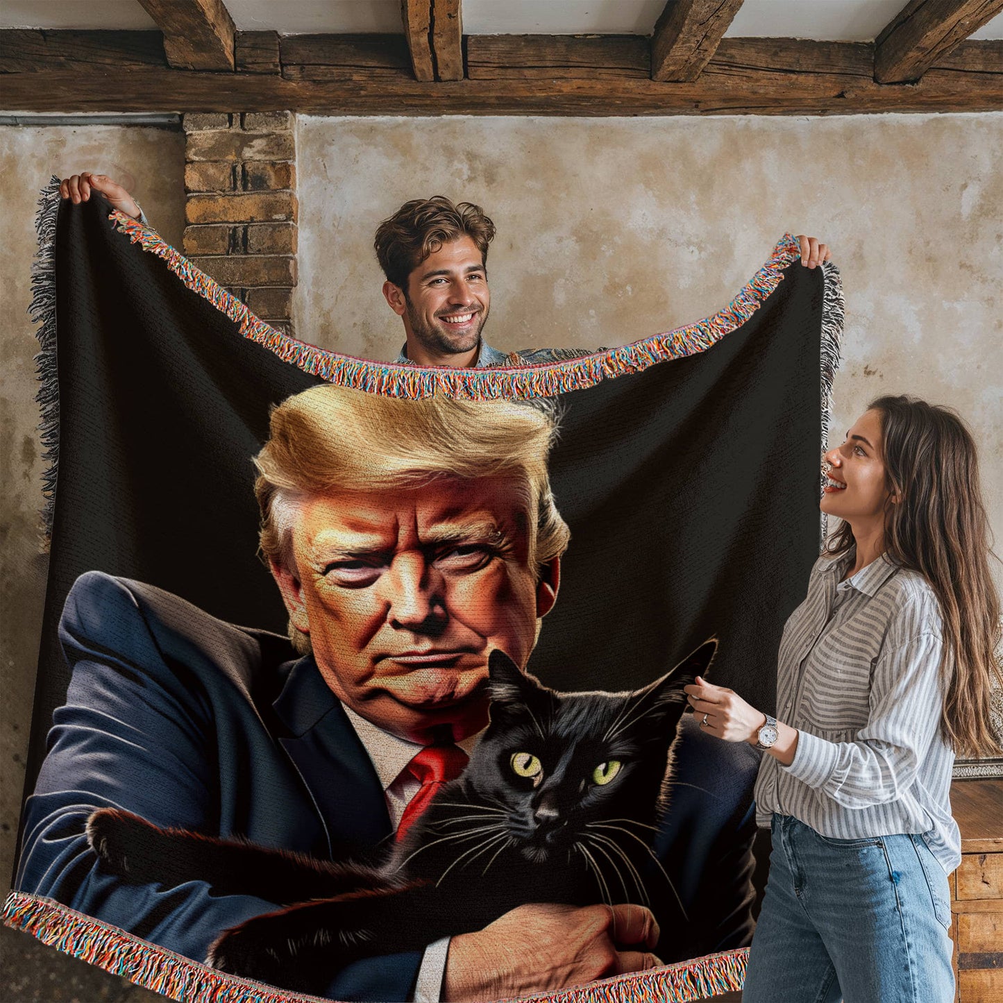 Donald Trump Holding Black Cat Blanket 100% Cotton Throw Funny MAGA Meme Gag Gift for Trump Supporter Cat Lover