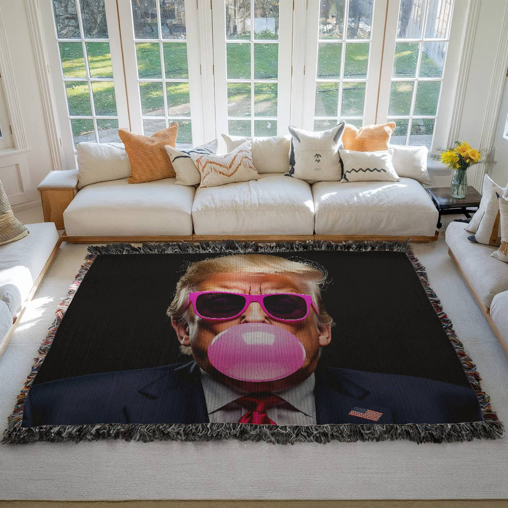 Donald Trump Blowing Bubble Gum Blanket 100% Cotton Throw Funny MAGA Meme Pink Sunglasses Graphic