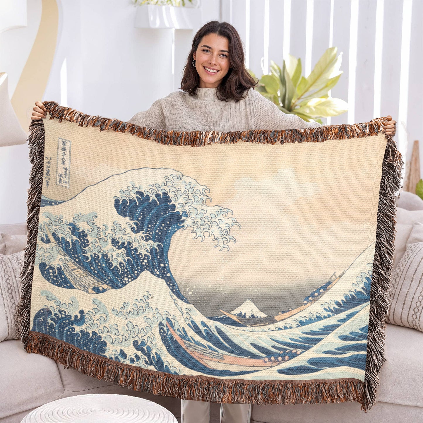 The Great Wave off Kanagawa 100% Cotton Throw Blanket Tsunami Famous Painting 37x52"