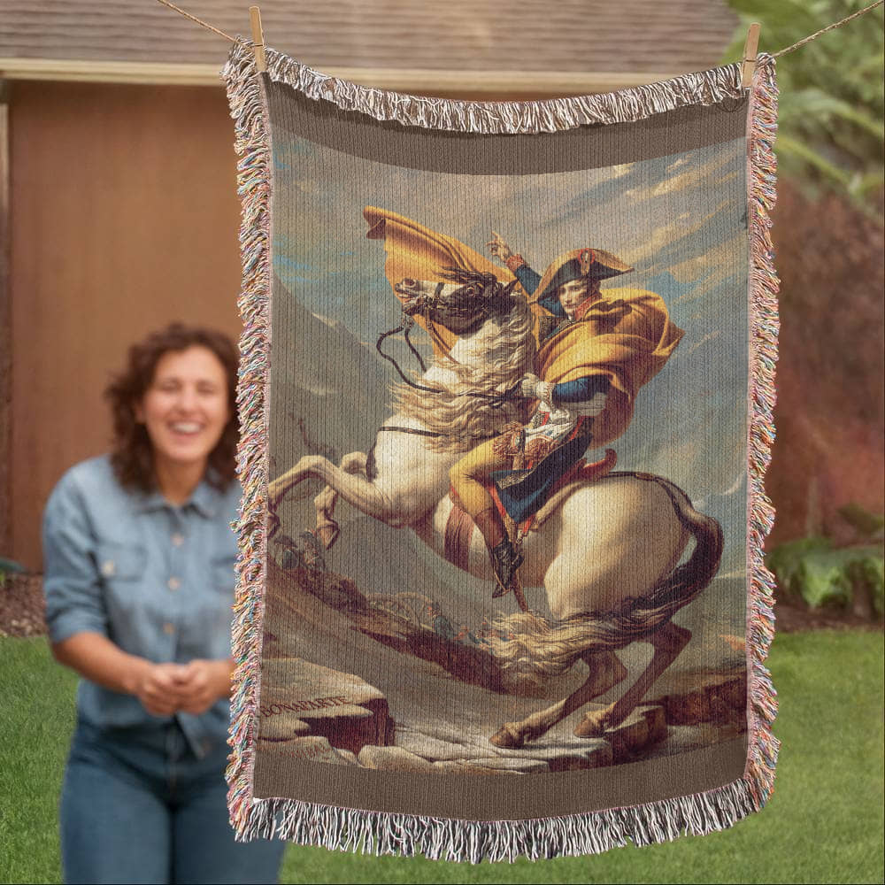 Napoleon Crossing the Alps Blanket 100% Cotton Throw Woven in USA Jacques-Louis Famous Painting Gift for Art Lover