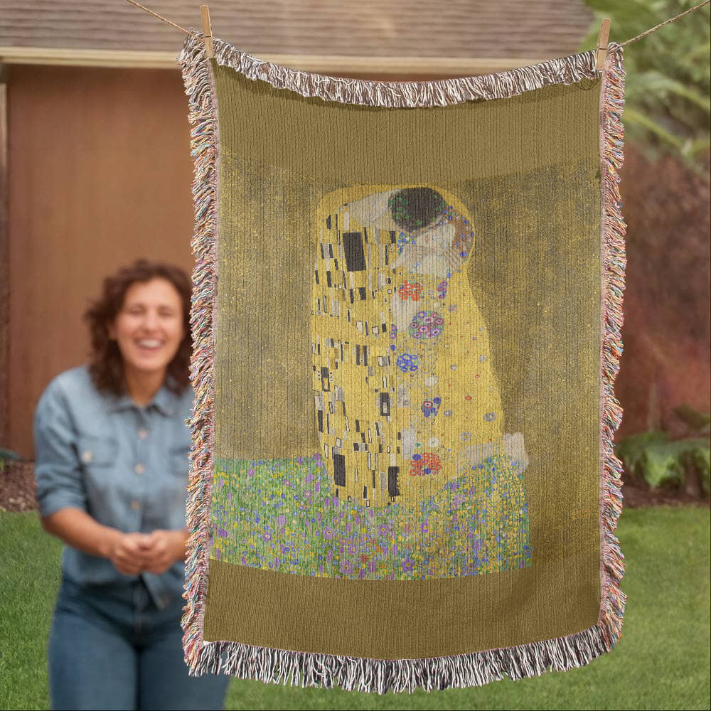 The Kiss Blanket 100% Cotton Woven in USA Gustav Klimt Famous Painting Gift for Art Lover