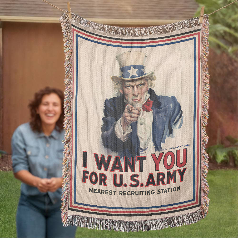 Uncle Sam Blanket 100% Cotton Throw Woven in USA I Want You for U.S. Army Veteran Gift James Montgomery Flagg WW1 Propaganda Poster