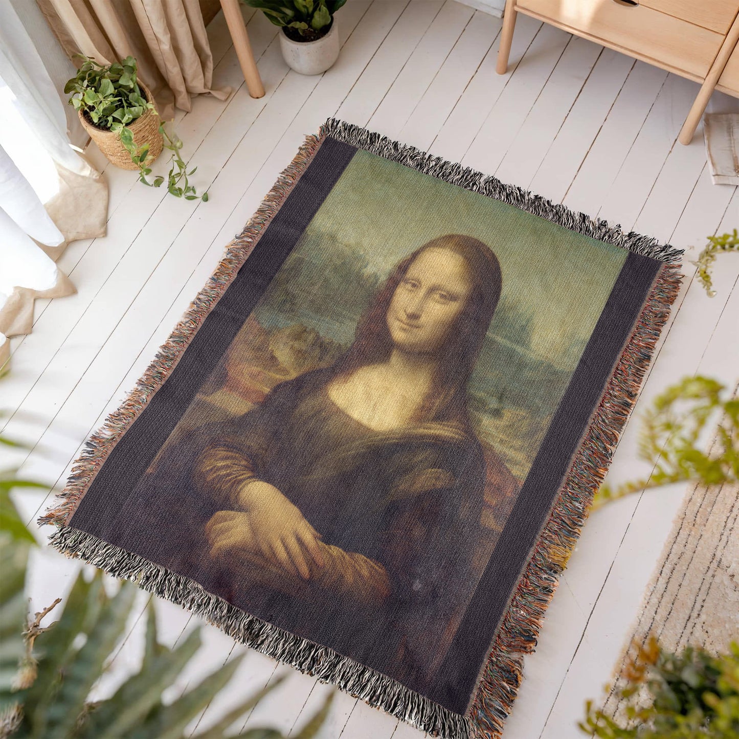 Mona Lisa Blanket 100% Cotton Throw Woven in USA Leonardo da Vinci Famous Painting Gift for Art Lover