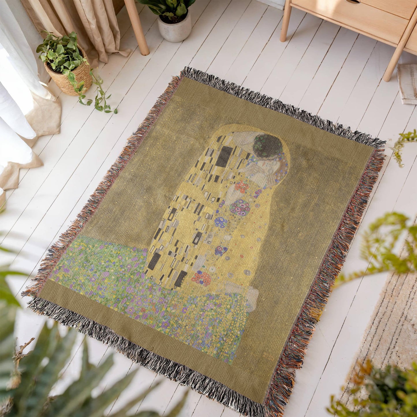 The Kiss Blanket 100% Cotton Woven in USA Gustav Klimt Famous Painting Gift for Art Lover