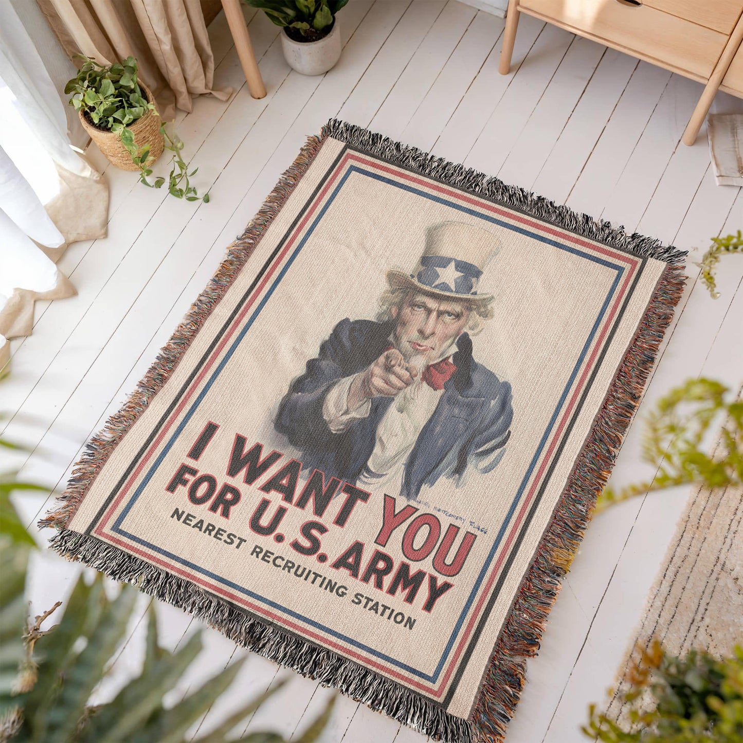 Uncle Sam Blanket 100% Cotton Throw Woven in USA I Want You for U.S. Army Veteran Gift James Montgomery Flagg WW1 Propaganda Poster