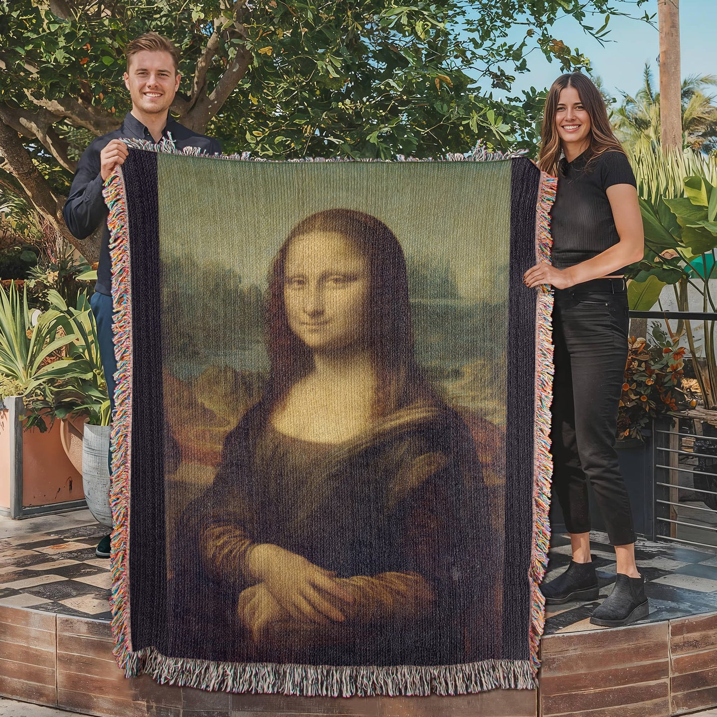 Mona Lisa Blanket 100% Cotton Throw Woven in USA Leonardo da Vinci Famous Painting Gift for Art Lover