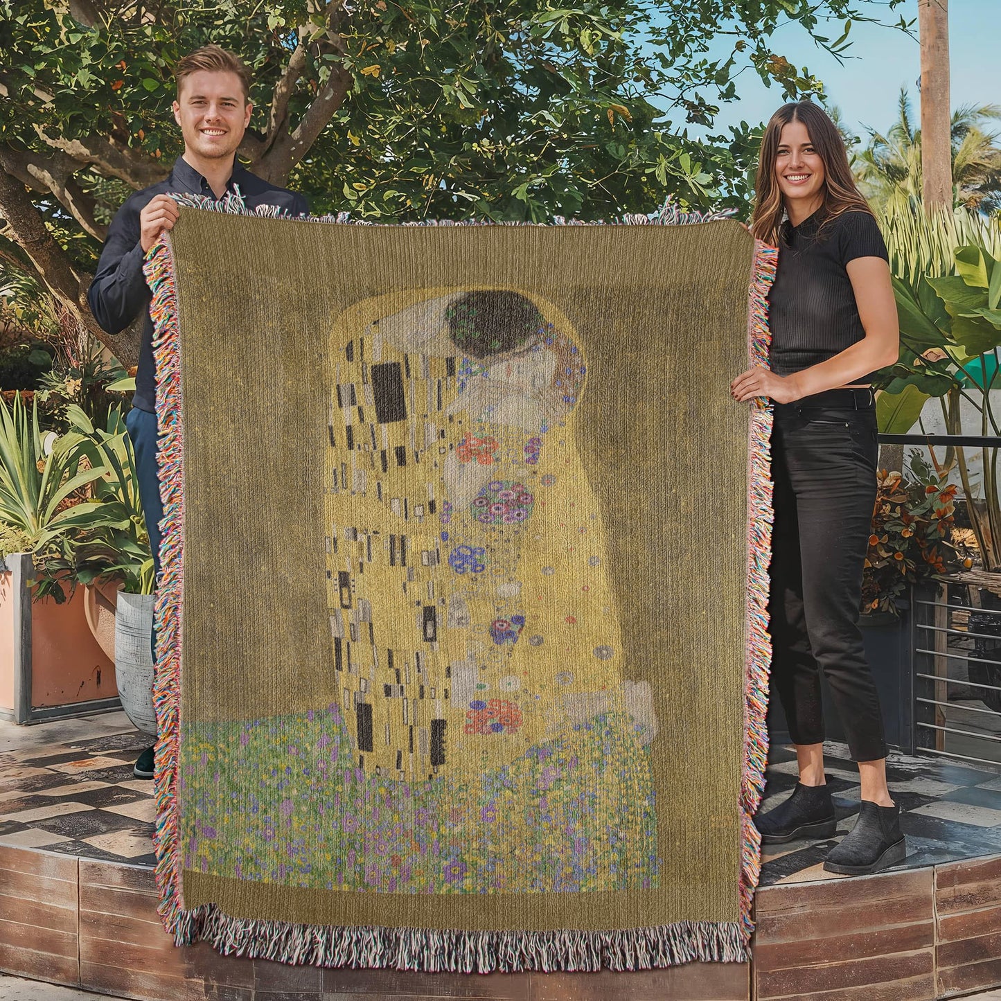 The Kiss Blanket 100% Cotton Woven in USA Gustav Klimt Famous Painting Gift for Art Lover