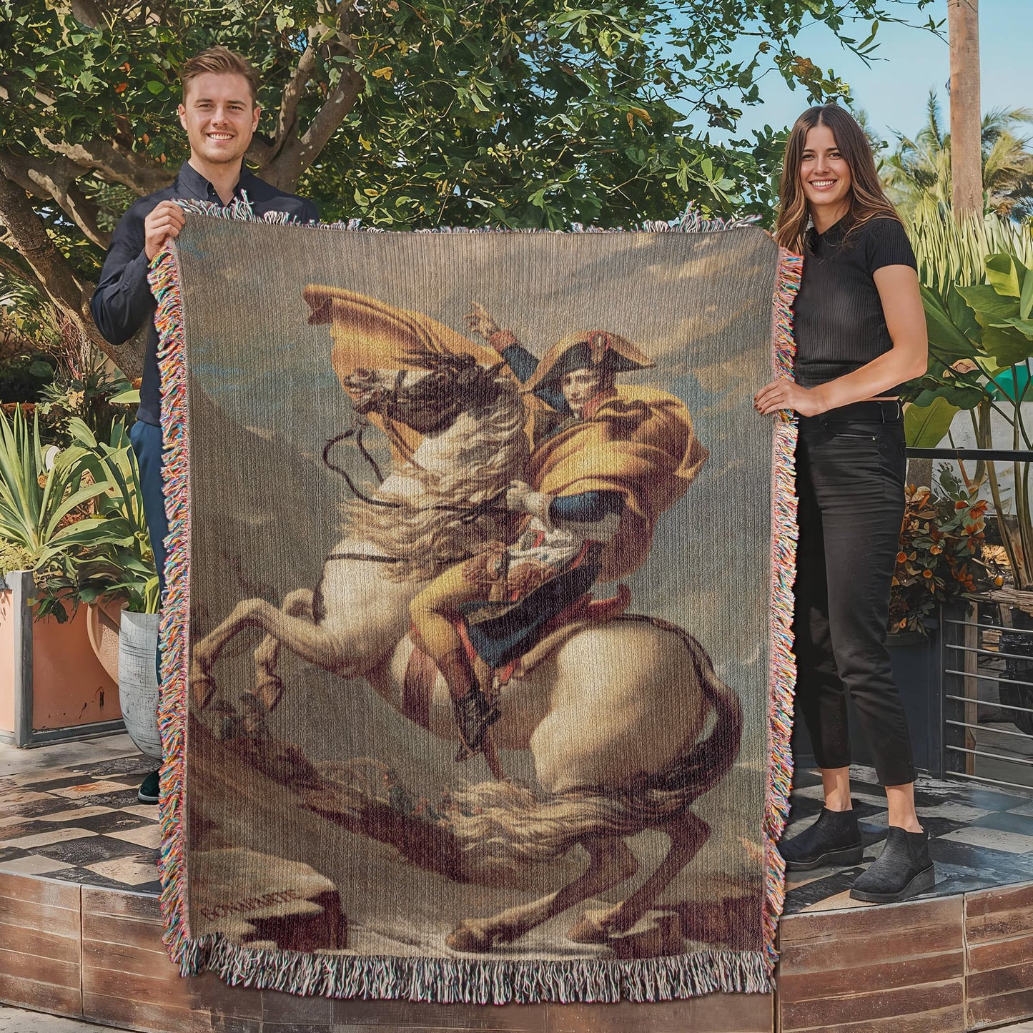 Napoleon Crossing the Alps Blanket 100% Cotton Throw Woven in USA Jacques-Louis Famous Painting Gift for Art Lover