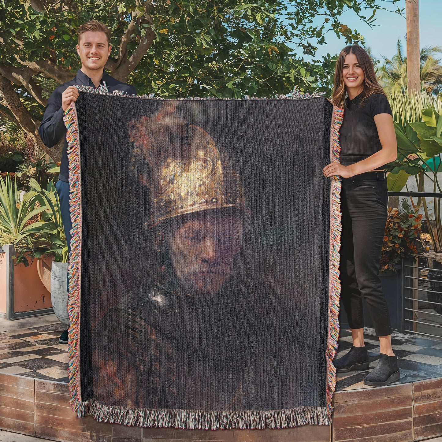 Rembrandt The Man with the Golden Helmet Blanket 100% Cotton Throw Woven in USA Famous Painting Gift for Art Lover