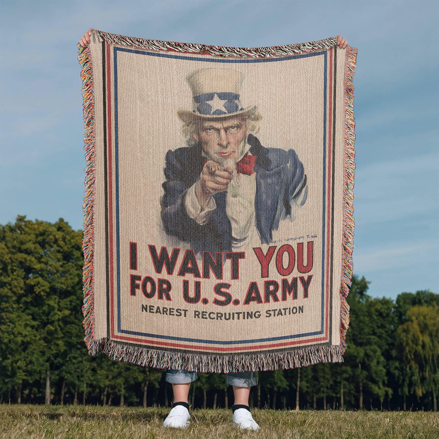 Uncle Sam Blanket 100% Cotton Throw Woven in USA I Want You for U.S. Army Veteran Gift James Montgomery Flagg WW1 Propaganda Poster