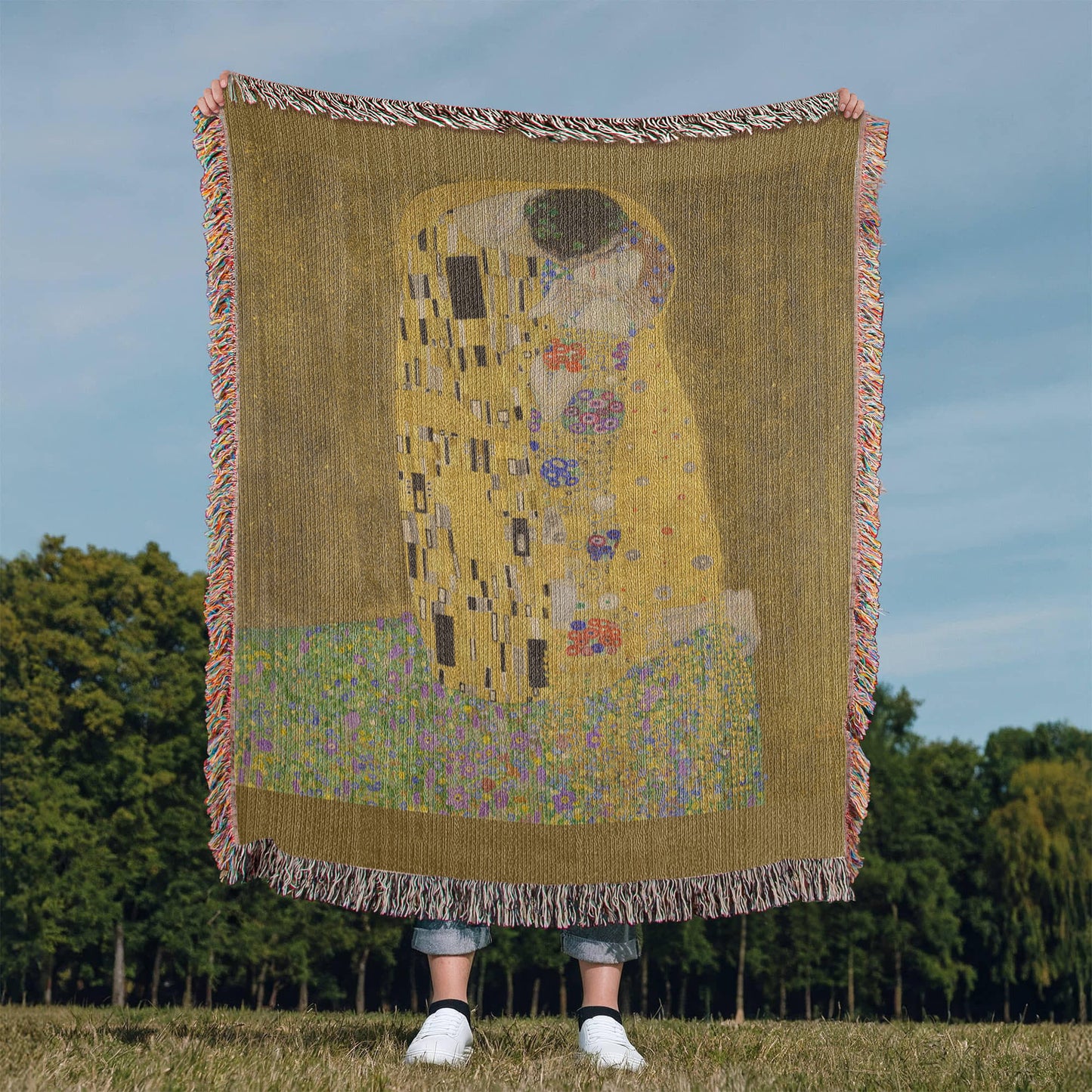 The Kiss Blanket 100% Cotton Woven in USA Gustav Klimt Famous Painting Gift for Art Lover