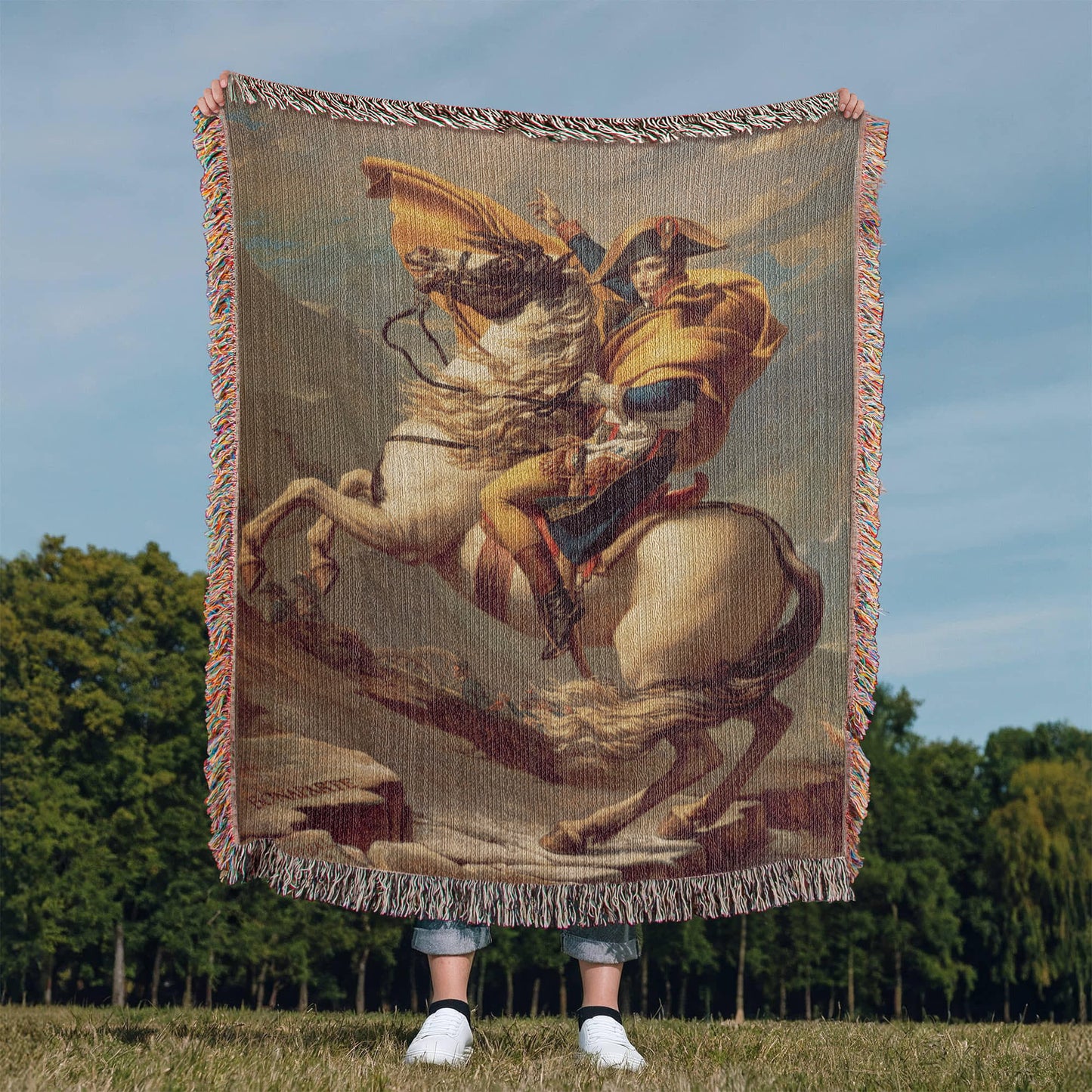 Napoleon Crossing the Alps Blanket 100% Cotton Throw Woven in USA Jacques-Louis Famous Painting Gift for Art Lover