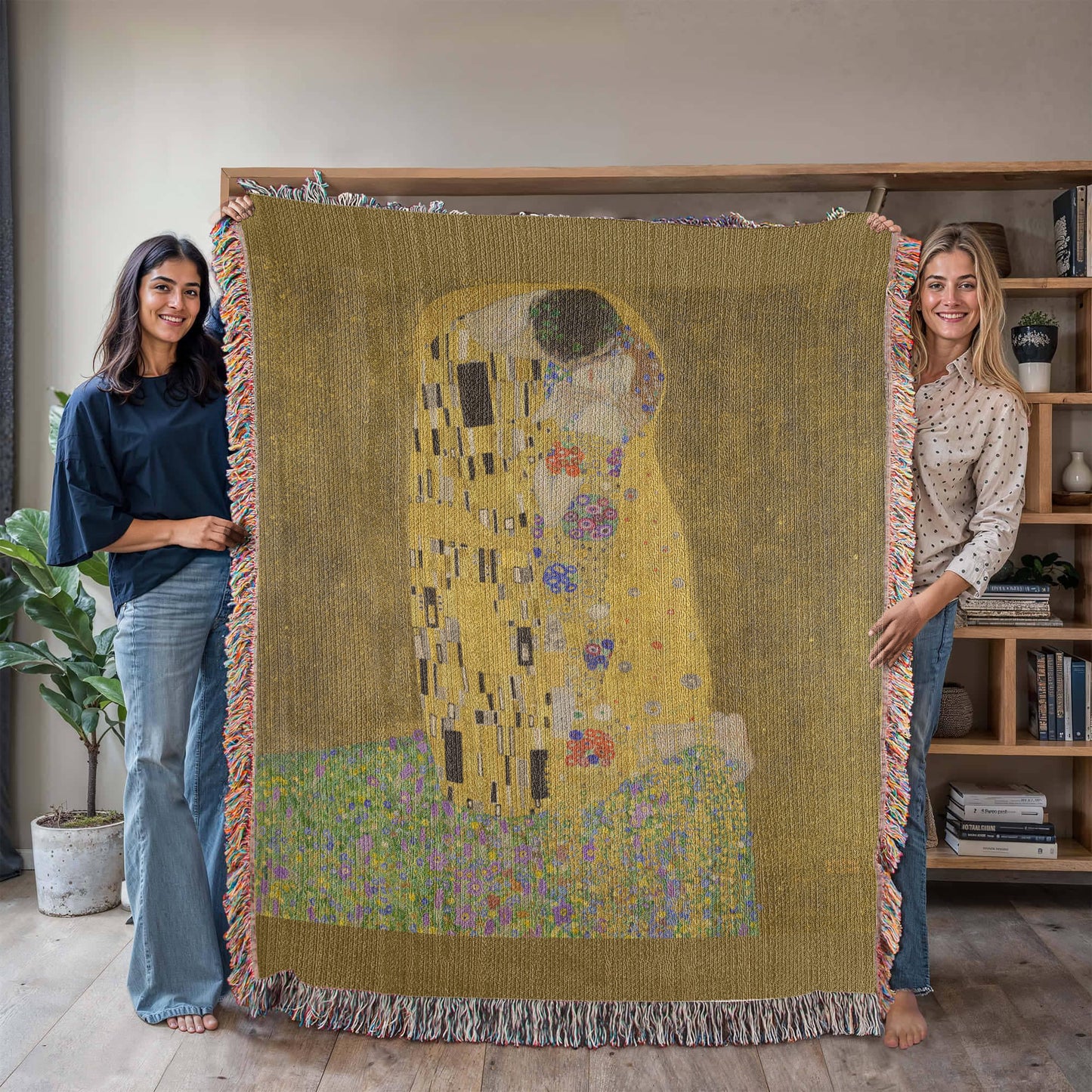 The Kiss Blanket 100% Cotton Woven in USA Gustav Klimt Famous Painting Gift for Art Lover