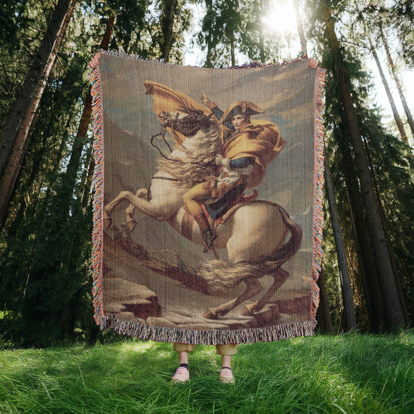 Napoleon Crossing the Alps Blanket 100% Cotton Throw Woven in USA Jacques-Louis Famous Painting Gift for Art Lover