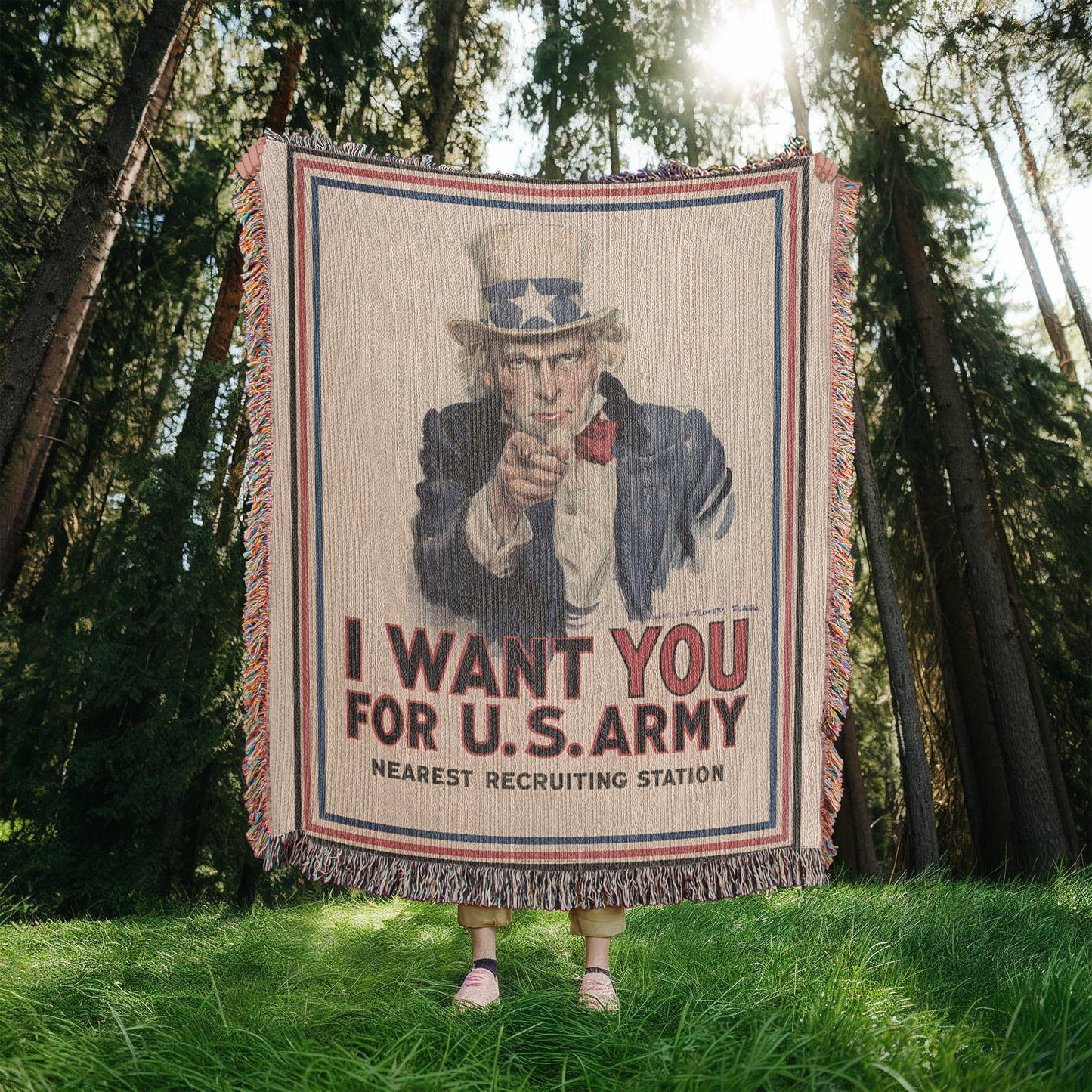 Uncle Sam Blanket 100% Cotton Throw Woven in USA I Want You for U.S. Army Veteran Gift James Montgomery Flagg WW1 Propaganda Poster